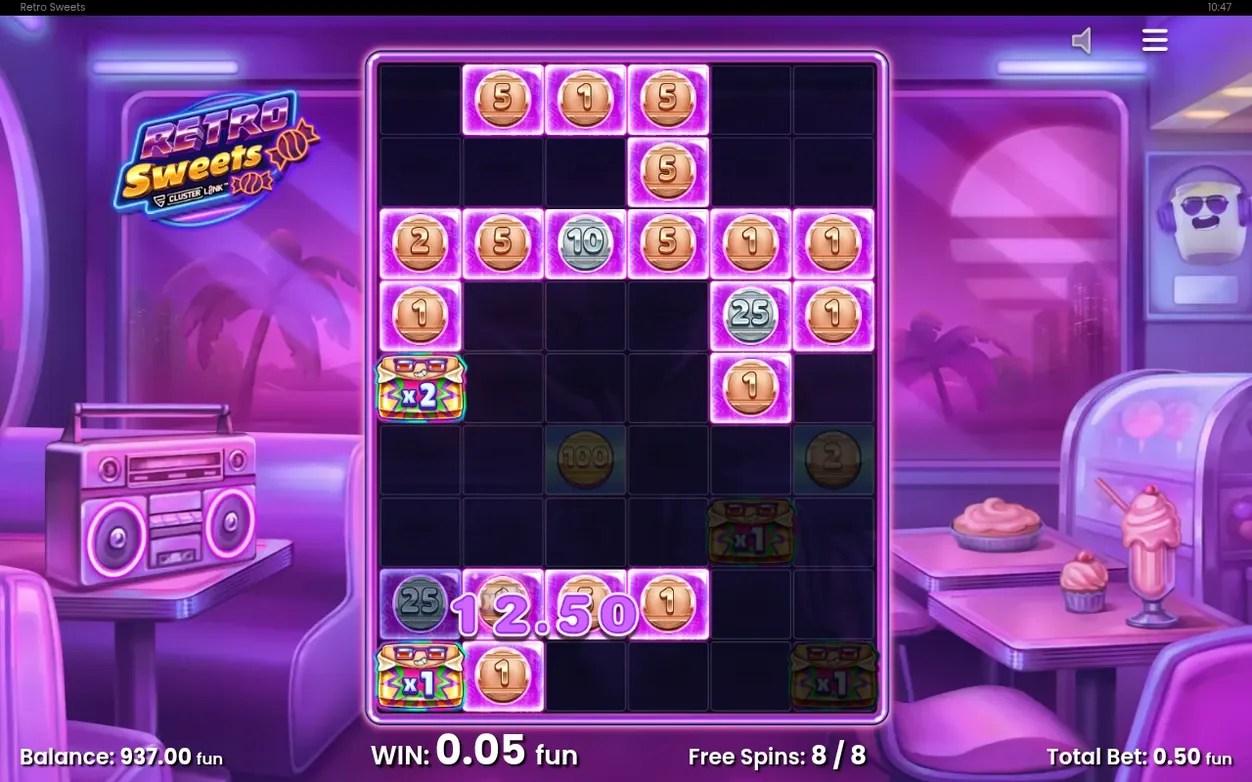 Pink-tinted free spins grid, Free Spins 8/8, numbered coin symbols and a single x2 Wild Candy stuck