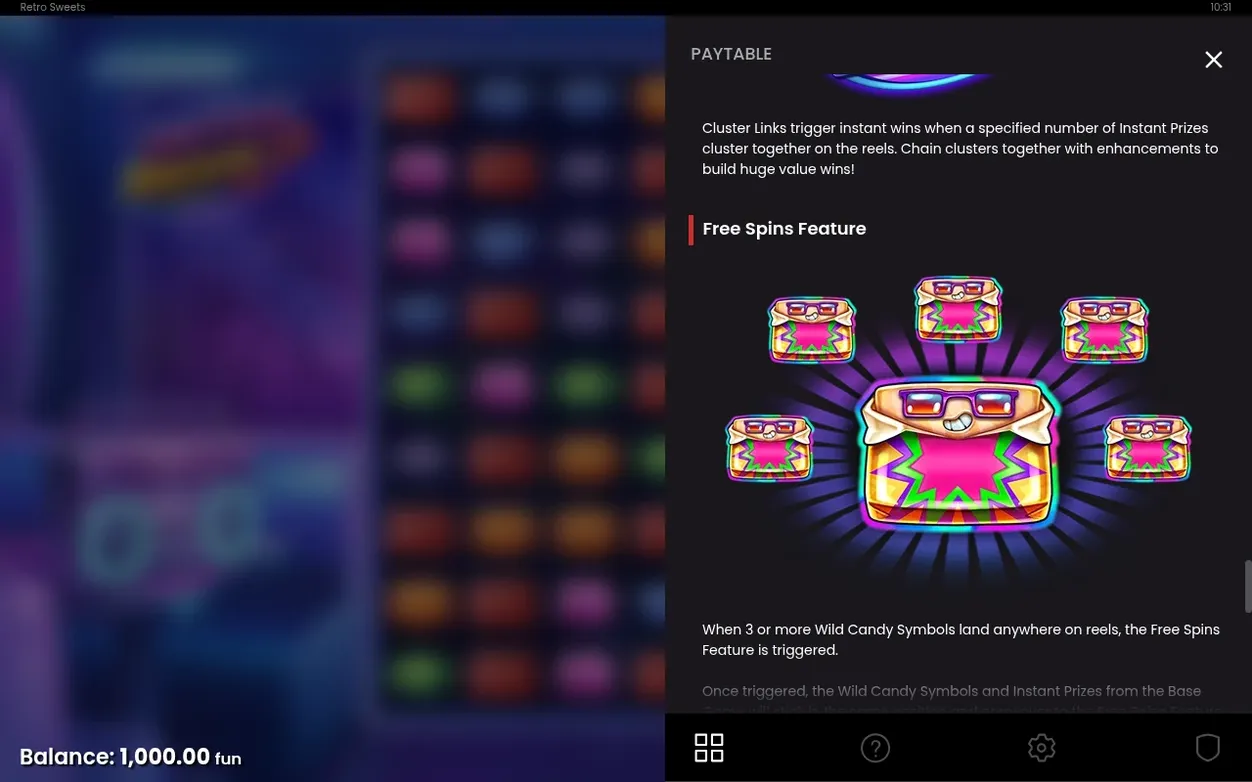 Paytable panel showing five sunglasses candy chests around a glowing chest for the Free Spins Feature