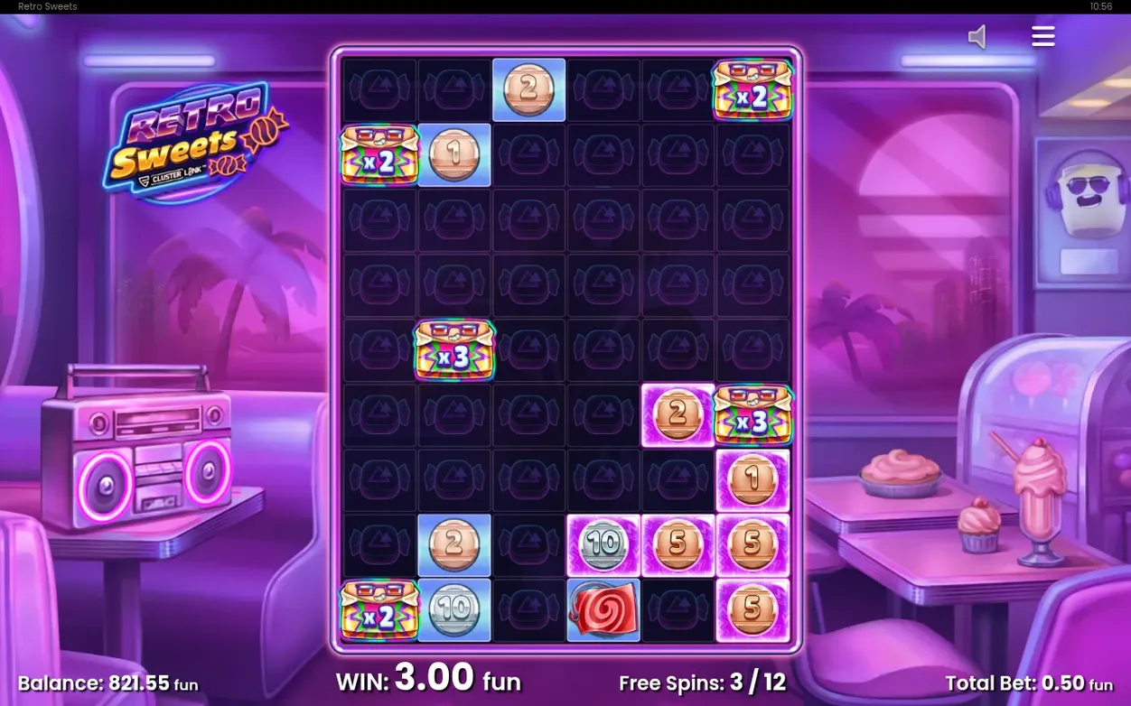 Pink free spins grid, Free Spins 3/12, WIN 3.00 fun, numbered coins and stuck Wild Candy multipliers x2 and x3