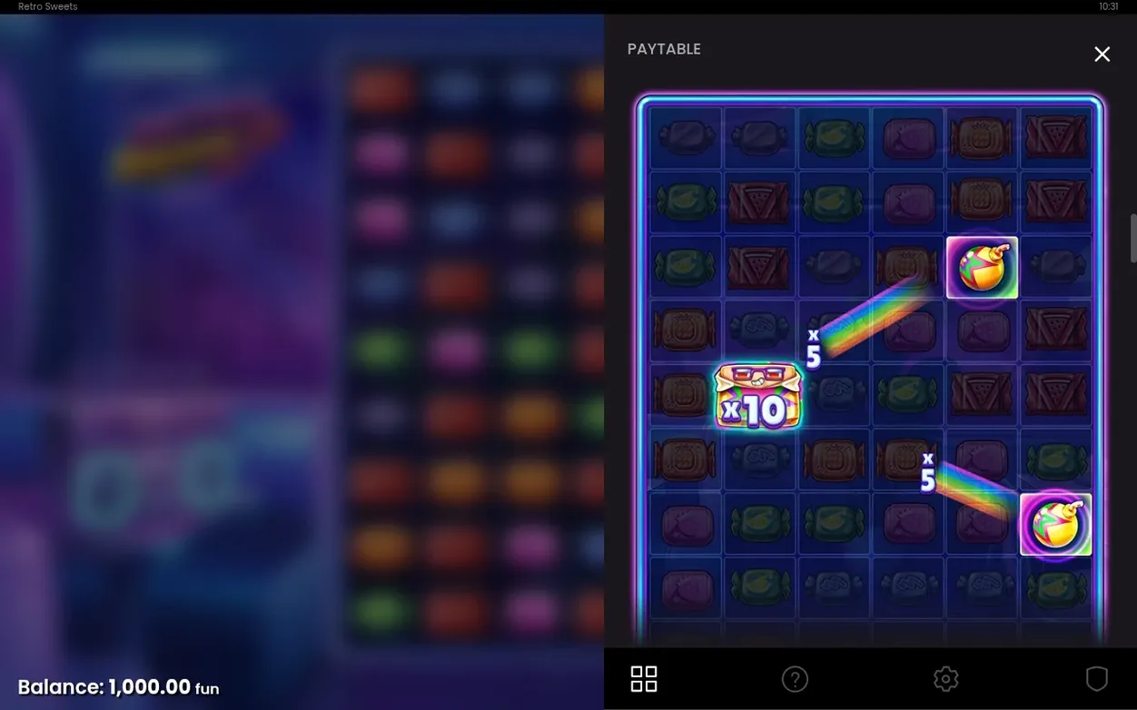 Paytable grid with rainbow lines linking an x10 and x5 Wild Candy chest to two coin-style Instant Prize icons