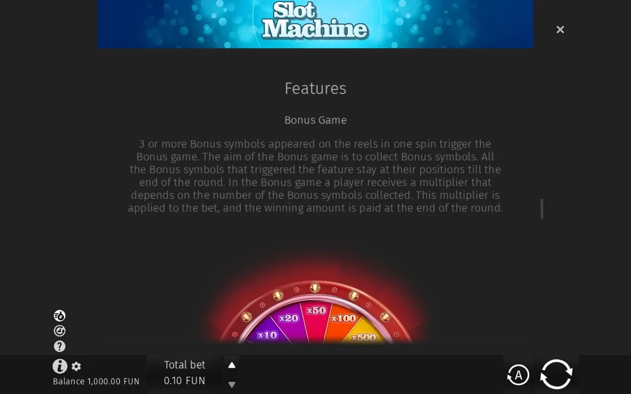 Features panel's Bonus Game text sits above a partly visible wheel, wedges x10 through x500 shown.