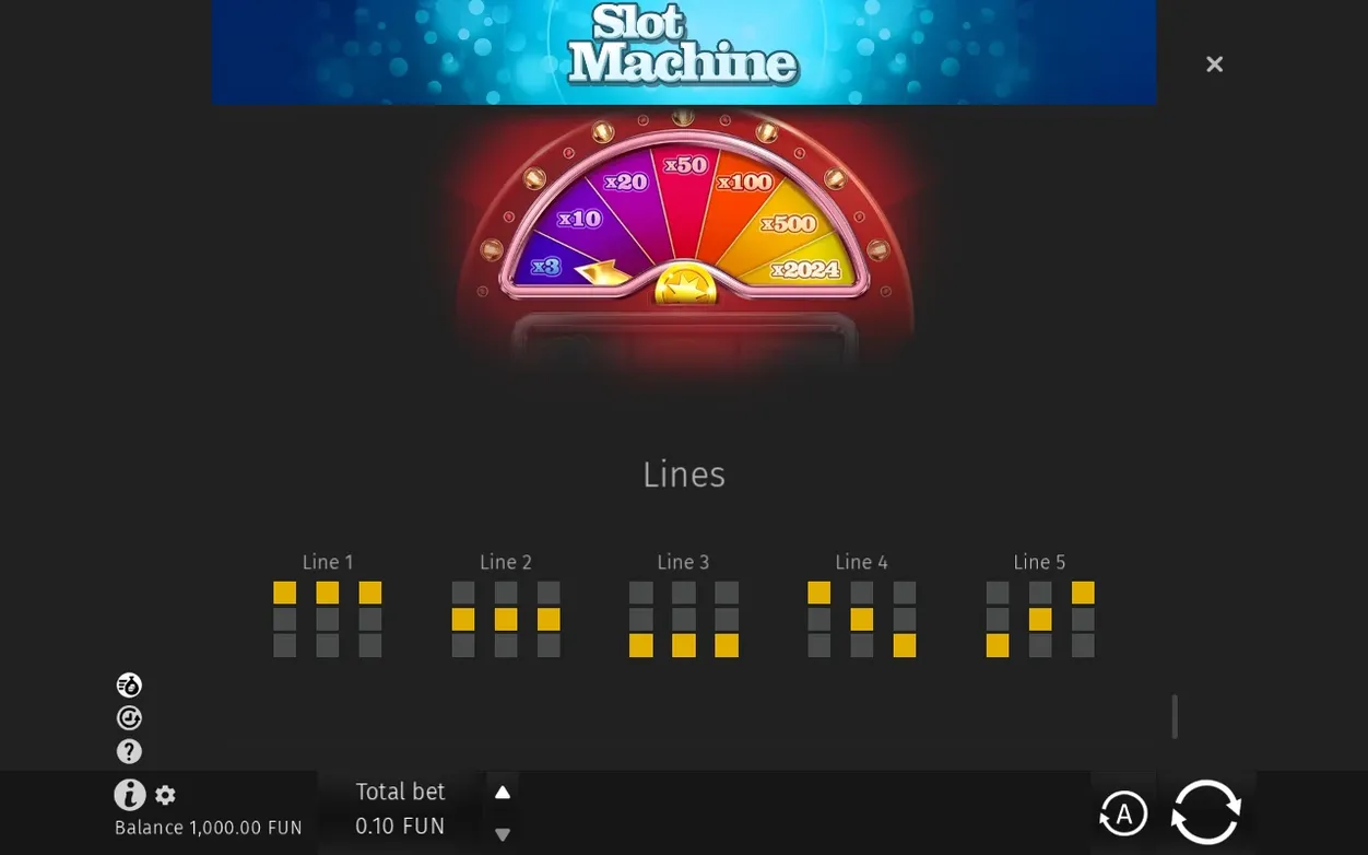 Full multiplier wheel from x3 to x2024 tops the Lines section's five payline diagrams below it.
