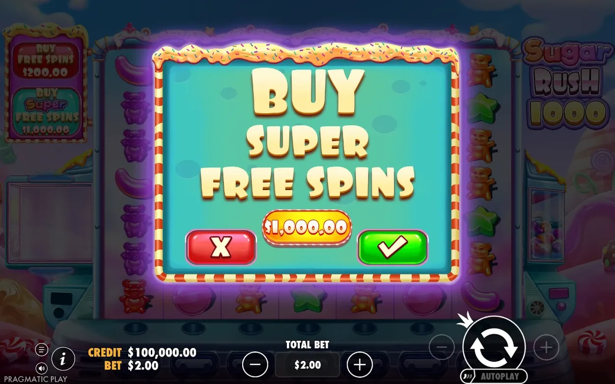 Buy Super Free Spins popup priced at $1,000.00, with red X and green checkmark confirm buttons.