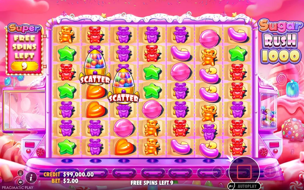 Hot pink Super Free Spins grid with two SCATTER rockets, Super Free Spins Left 9, bet $2.00.