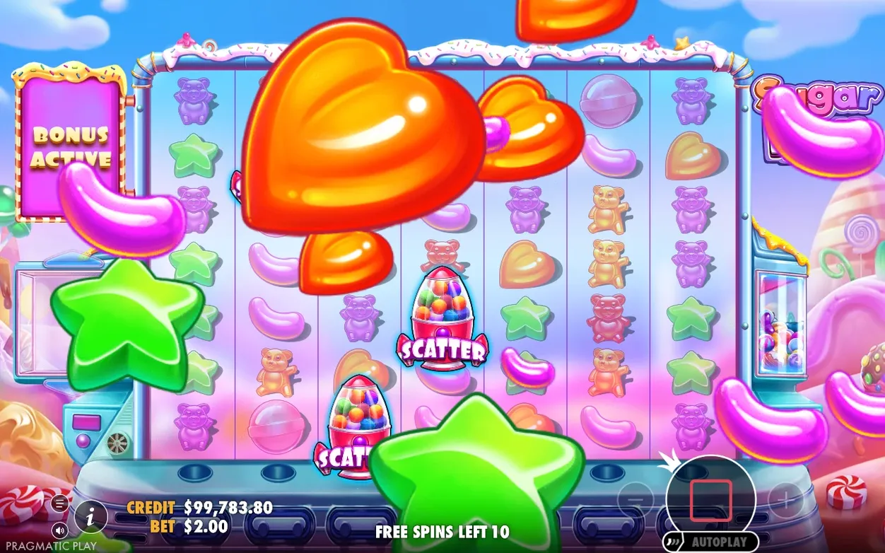 BONUS ACTIVE banner shown as giant candy pieces fall past two SCATTER symbols, Free Spins Left 10.