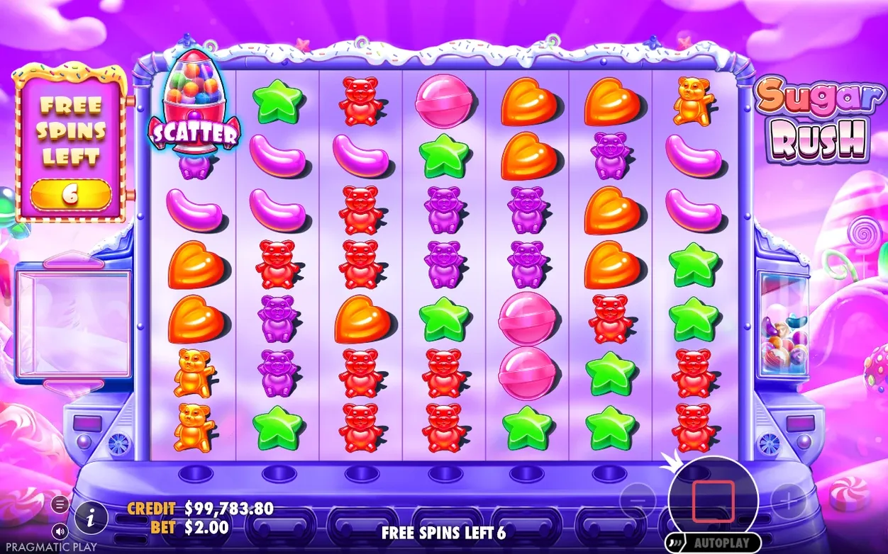 Purple Free Spins reels show gummy bears, candies and a SCATTER icon, with Free Spins Left 6 showing.