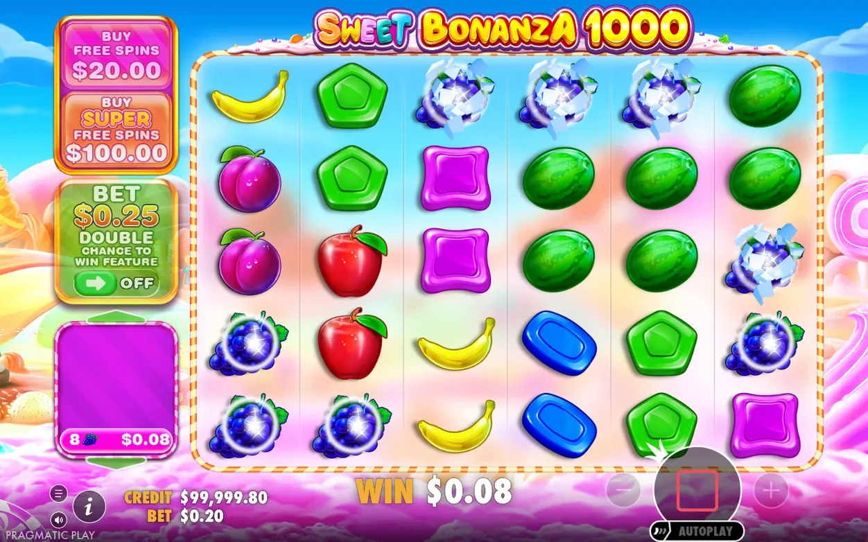 Base game grid with Buy Free Spins $20.00 and Buy Super Free Spins $100.00 buttons, WIN $0.08