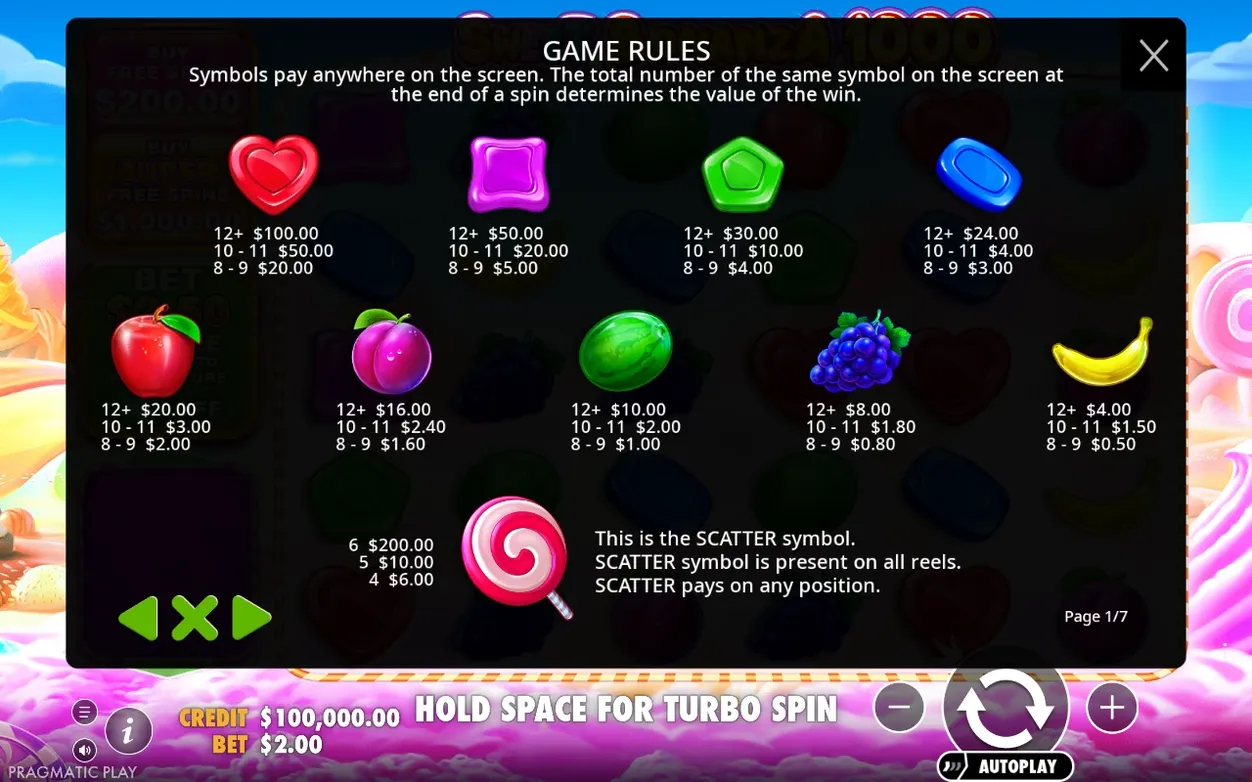 Paytable page 1 of 7 lists candy and fruit symbol values plus scatter lollipop payouts