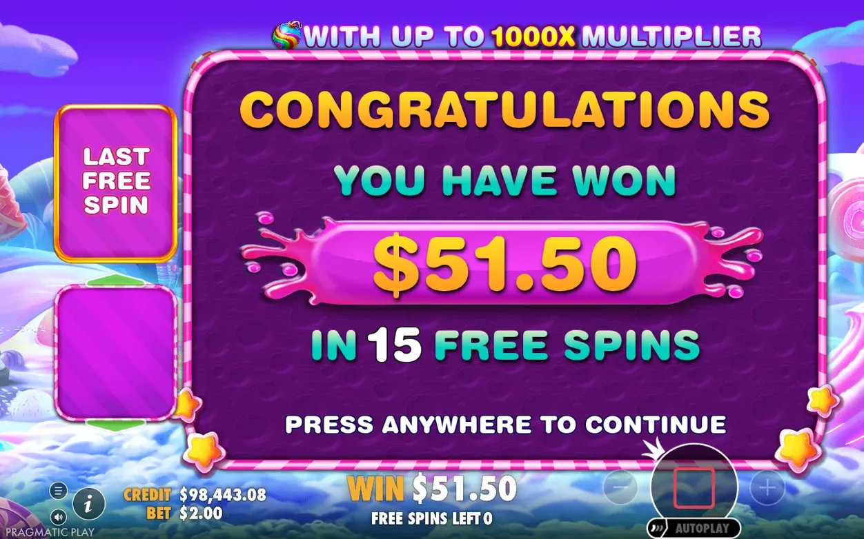 Final free spin win screen shows $51.50 won in 15 free spins, up to 1000x multiplier banner
