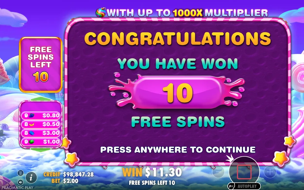 Congratulations screen awards 10 free spins, WIN $11.30 so far, symbol win breakdown shown