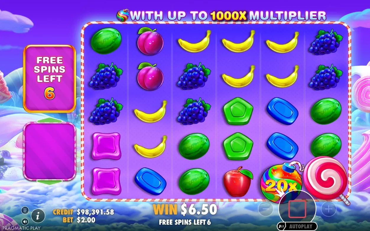 Free spins round shows a 20x multiplier bomb, WIN $6.50, 6 free spins left, bet $2.00