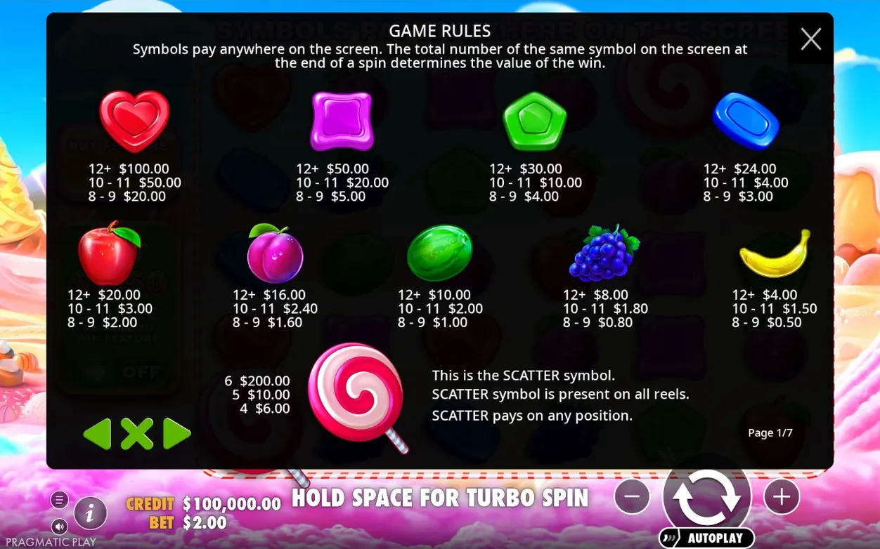 Paytable page 1/7 lists 12+, 10-11 and 8-9 payouts for heart, jelly, fruit and scatter lollipop symbols