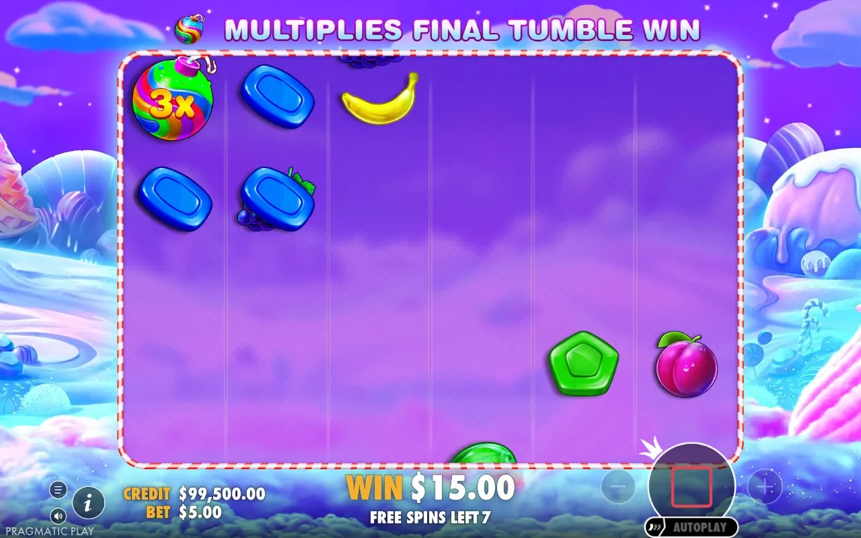 Free spins reel mid-tumble shows a 3x rainbow multiplier bomb, WIN $15.00, 7 spins left