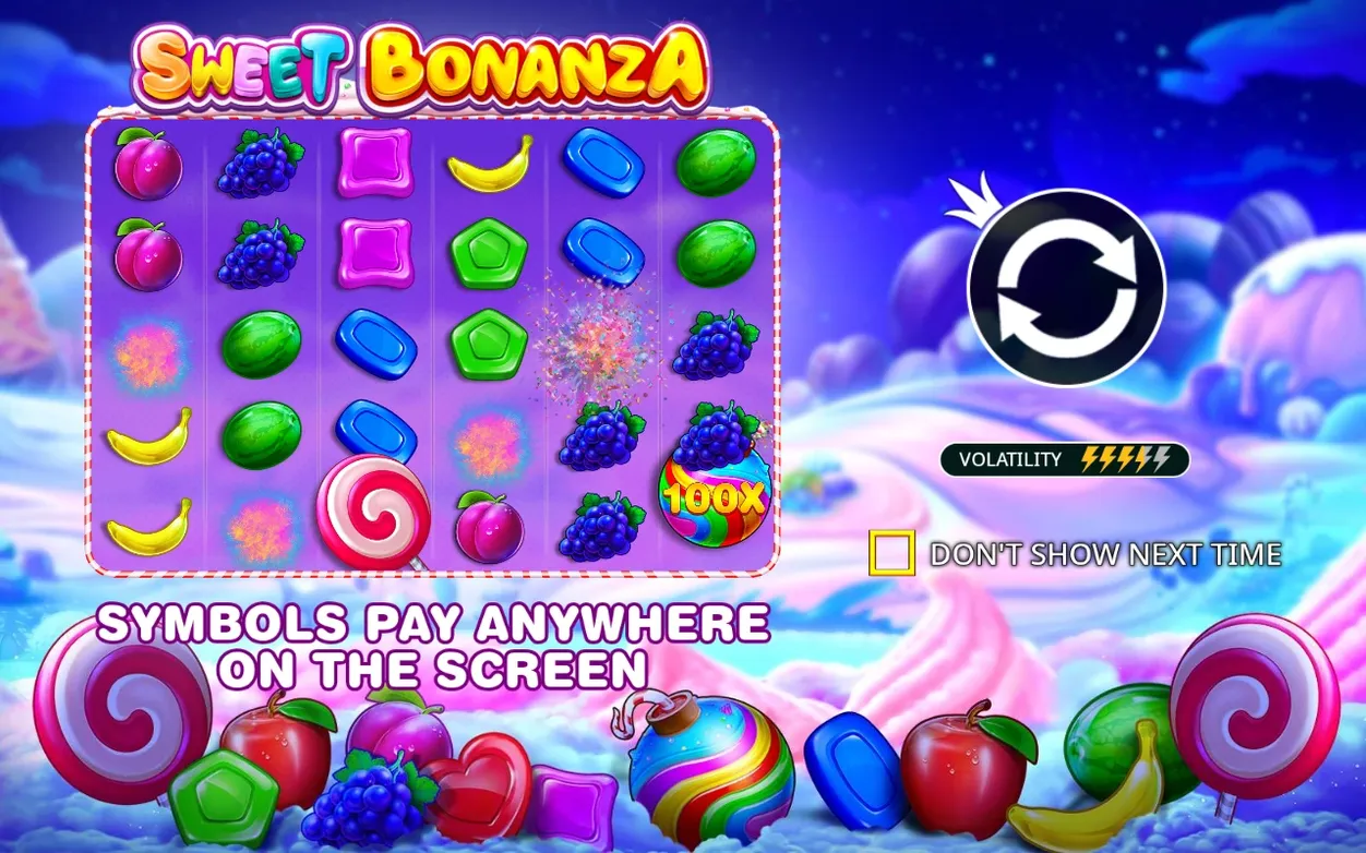 Intro screen with grid preview, a 100X multiplier bomb, refresh icon and volatility meter