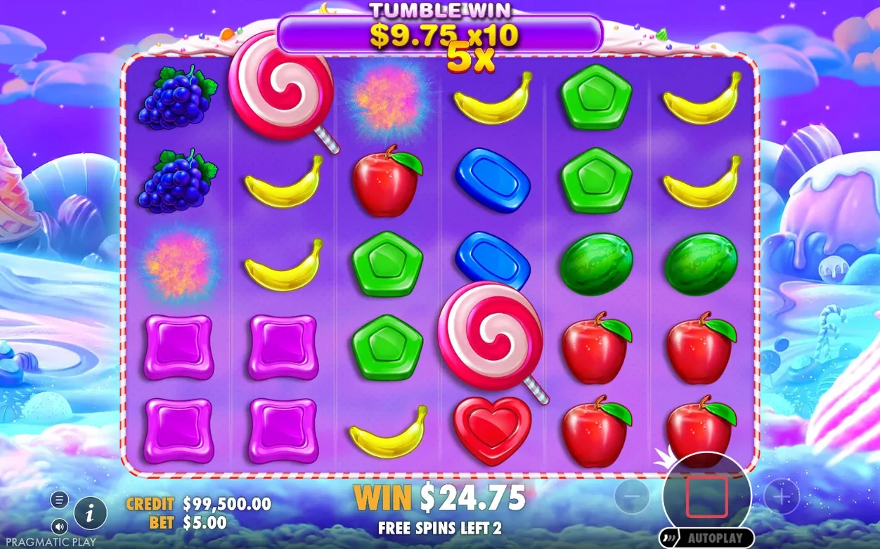 Free spins tumble win of $9.75 x10 with a 5x multiplier, cumulative WIN $24.75, 2 spins left