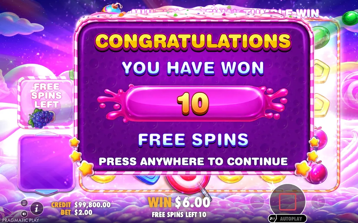 Purple congratulations plaque confirms 10 Free Spins won, with Win $6.00 and Free Spins Left 10 below.