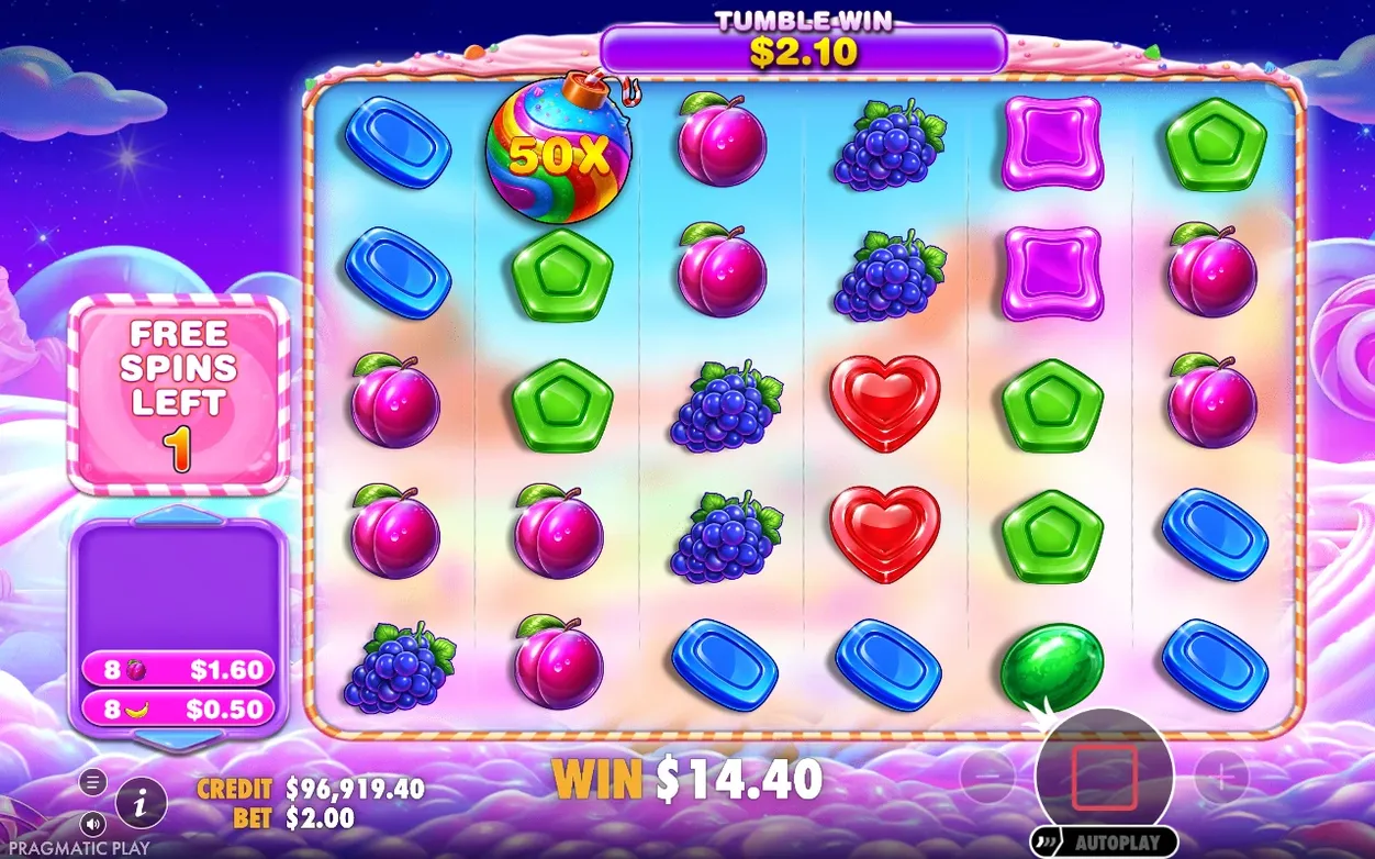 Tumble Win $2.10 banner above a 50X bomb symbol, with Free Spins Left 1 and Win $14.40 showing.