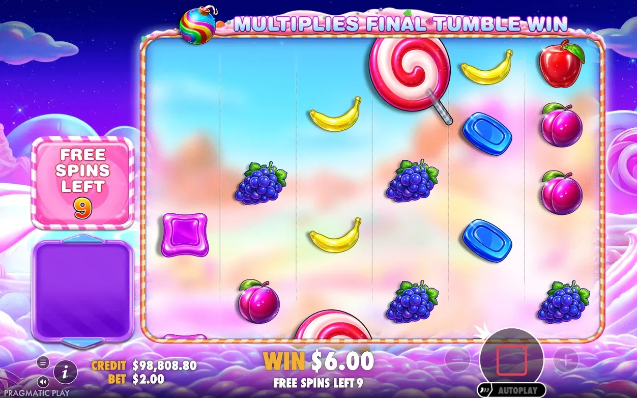 Free Spins reels show scattered fruit, candy and a lollipop, Free Spins Left 9 and Win $6.00 displayed.